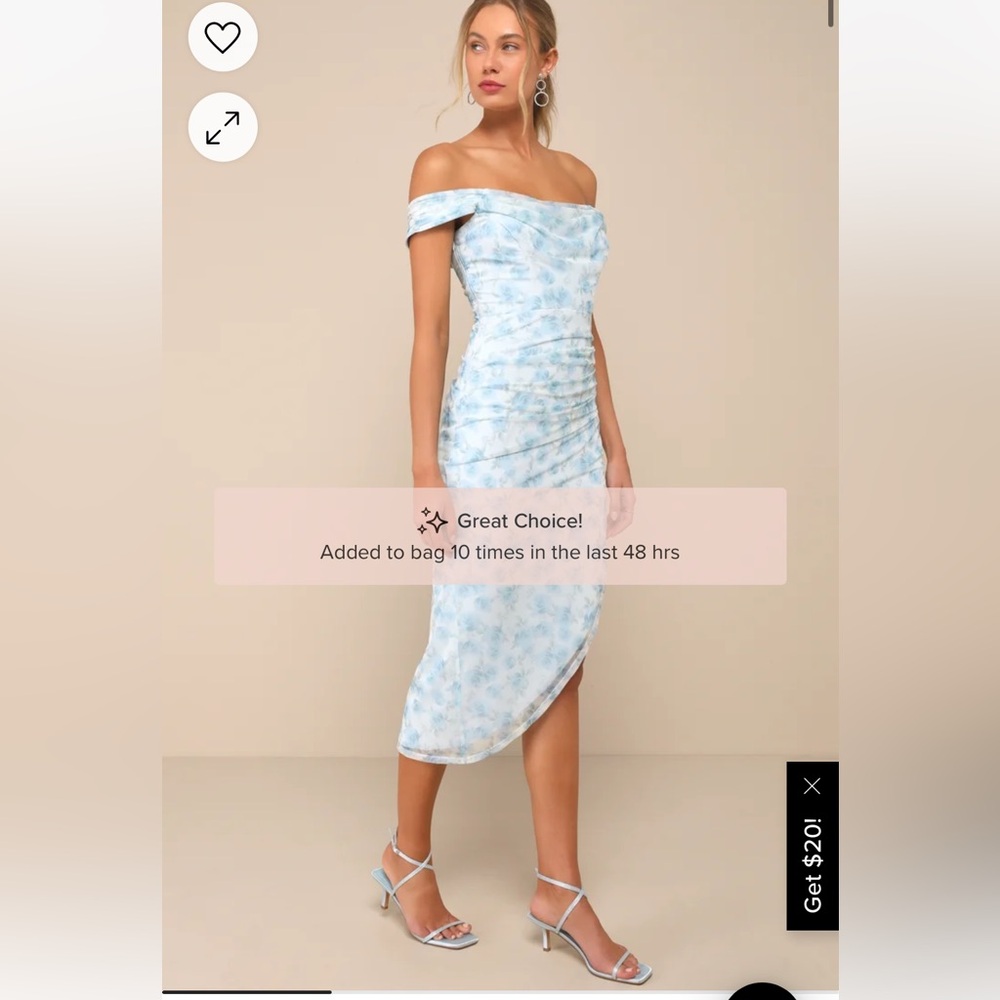 Idyllic Beauty Light Blue Floral Off-The-Shoulder Midi Dress. NWOT. XS